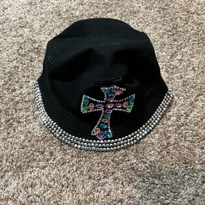 Bling Rhinestone Cross Bucket Hat Black Womens Premium Brand Hat